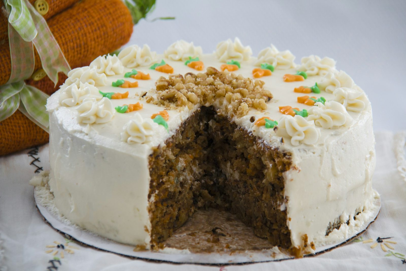 Carrot Cake, white and brown cake on white ceramic plate